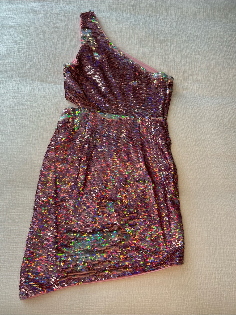 NBD One-Shoulder Holographic Pink Sequin Dress